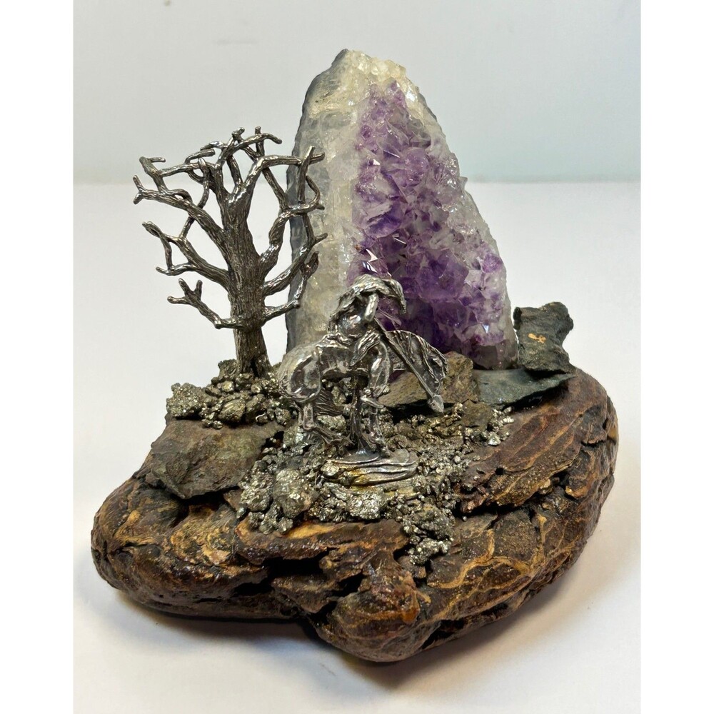 Pewter Tree and Man on Horse with Amethyst Cluster on Wood Figurine